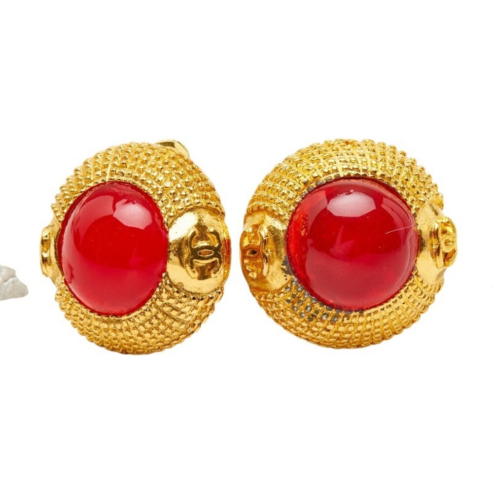 Chanel Coco Mark Gripoix Earrings, Gold and Red Plated, Women's CHANEL